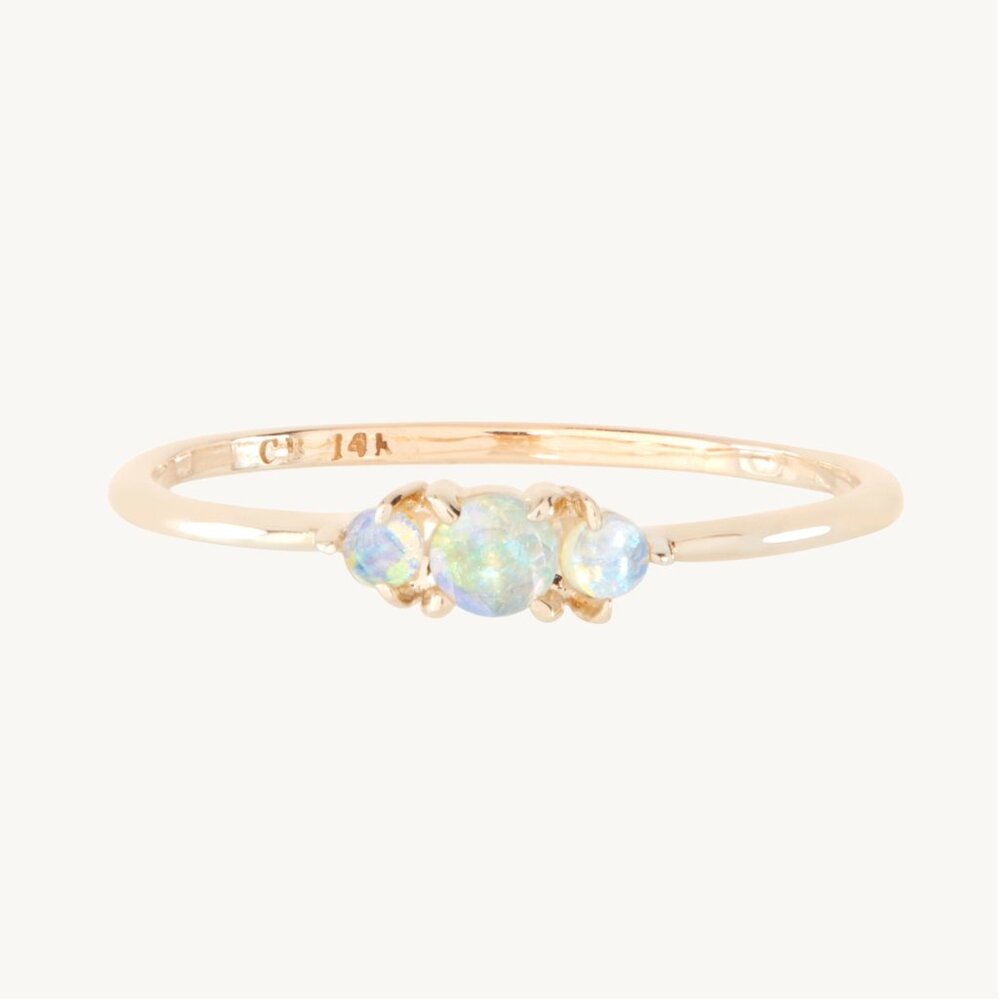 Catbird Ring Stack, threadbare gold rings size 8.5 and opal ring size 9